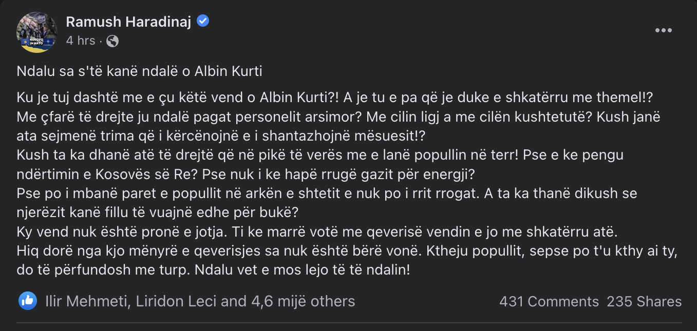 Ndalu sa s’të kanë ndalë, o Albin Kurti!